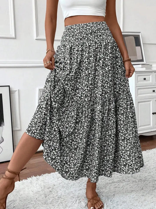 Women's Summer Vacation Style Ruffle Hem Floral Long Skirt