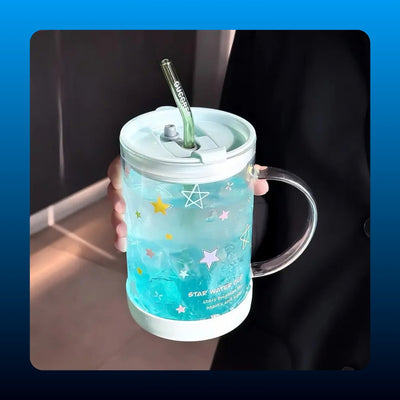 Star Pattern Glass Mug with Straw