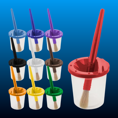 Children's No Spill Paint Cups with Colored Lids and 10 Piece Large Round Brush Set