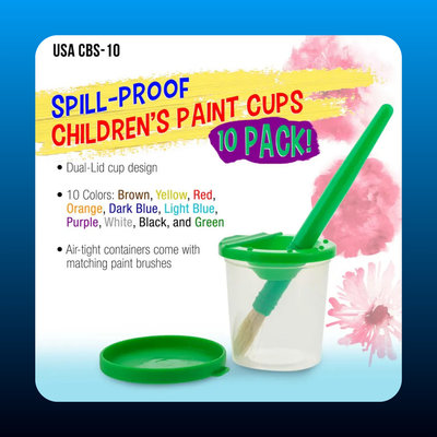 Children's No Spill Paint Cups with Colored Lids and 10 Piece Large Round Brush Set