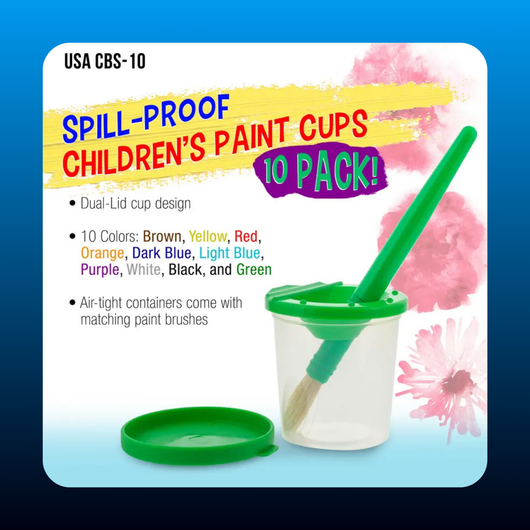 Children's No Spill Paint Cups with Colored Lids and 10 Piece Large Round Brush Set