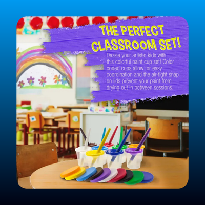 Children's No Spill Paint Cups with Colored Lids and 10 Piece Large Round Brush Set
