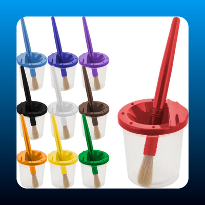 Children's No Spill Paint Cups with Colored Lids and 10 Piece Large Round Brush Set