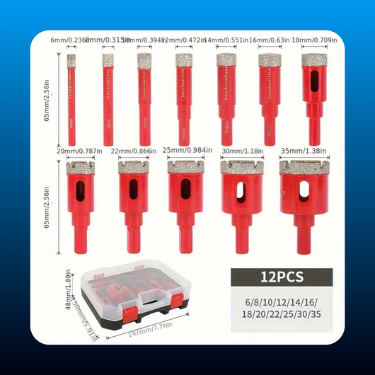 12-Piece Diamond Welding Red Dry Drill Bit Set