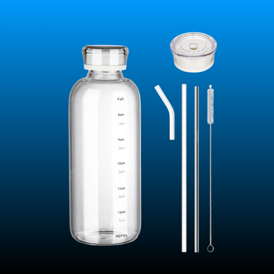 25oz/750ml Clear Glass Water Bottle with 2 Caps and Straw