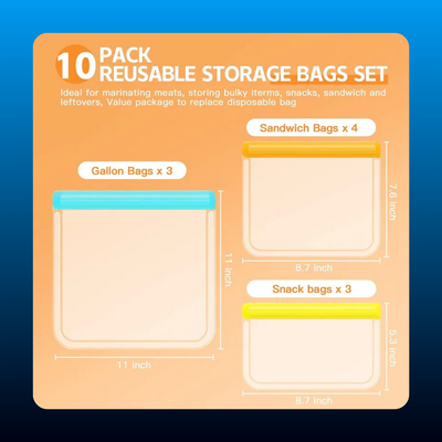 10 Pack Dishwasher Safe Reusable Bags Silicone