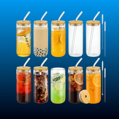 Glass Tumblers with Bamboo Lids (10 Pack)