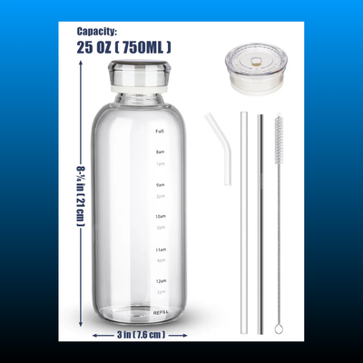 25oz/750ml Clear Glass Water Bottle with 2 Caps and Straw