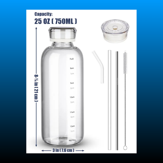 25oz/750ml Clear Glass Water Bottle with 2 Caps and Straw