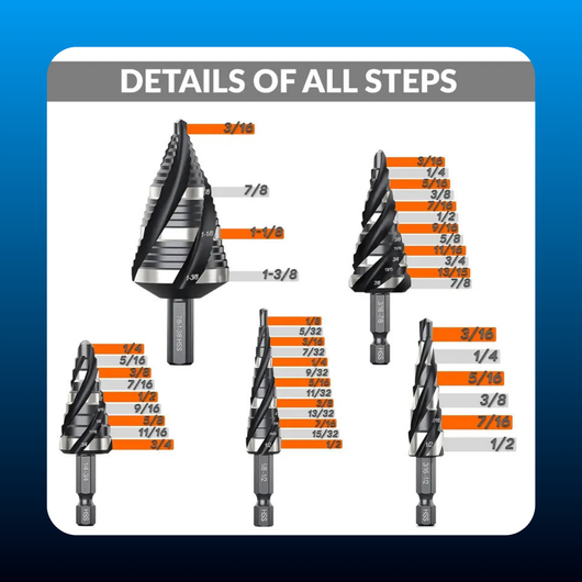 Four Spiral Flute Step Drill Bit Set