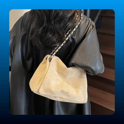 Suede Shoulder Bag with Woven Chain