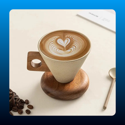 Ceramic Curve-Shaped Coffee Mug with Wooden Handle