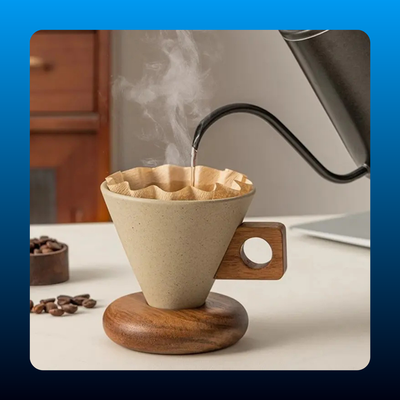 Ceramic Curve-Shaped Coffee Mug with Wooden Handle