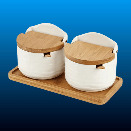 Porcelain Spice Canisters with Bamboo Tray