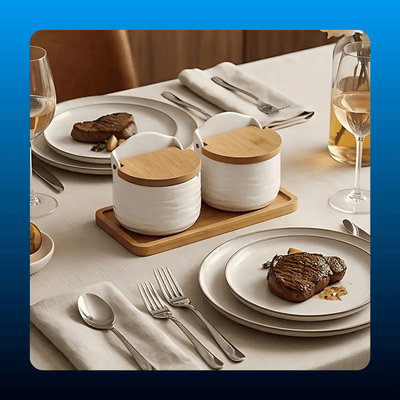 Porcelain Spice Canisters with Bamboo Tray
