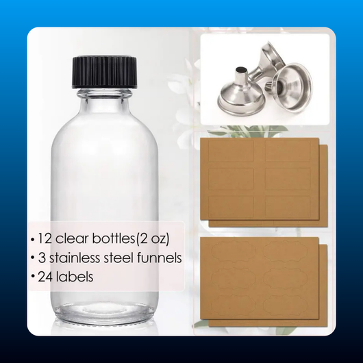 Clear Glass Bottles with Lids & 3 Stainless Steel Funnels