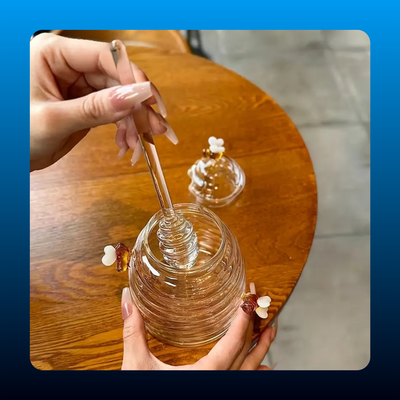 Honey Jar with Dipper Bee-Themed Glass Container Airtight Lid