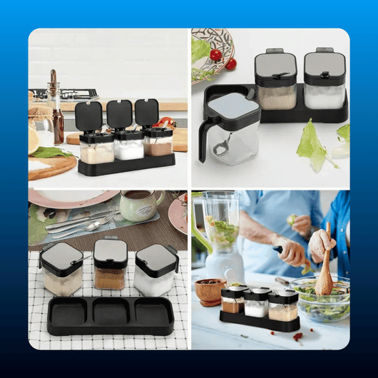 Clear Glass Condiment Canisters with Tray
