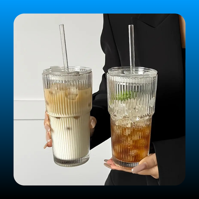Large-Capacity Striped Glass Tumbler with Lid