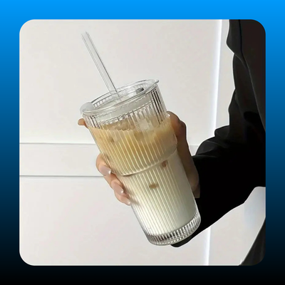 Large-Capacity Striped Glass Tumbler with Lid