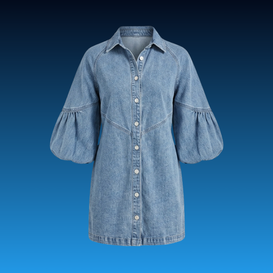 Washed Denim Puff Sleeve Mini Dress