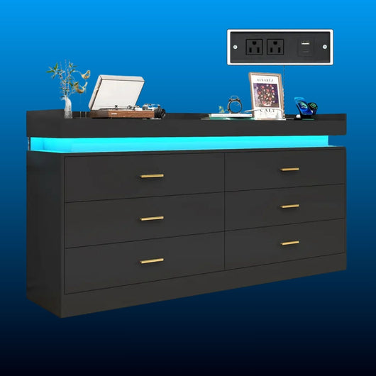 Six Drawer Dresser with LED and Outlets