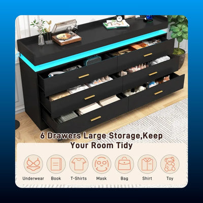 Six Drawer Dresser with LED and Outlets