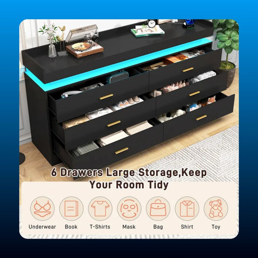 Six Drawer Dresser with LED and Outlets