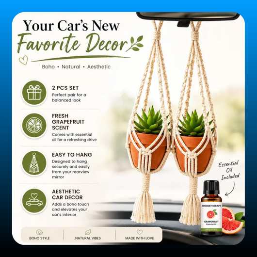 2-Piece Boho Style Macrame Cord Hanging Flower Pots Set with Essential Oil