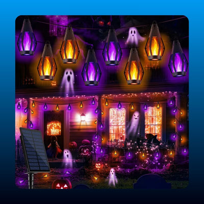 Solar Halloween Flame Lantern String Lights