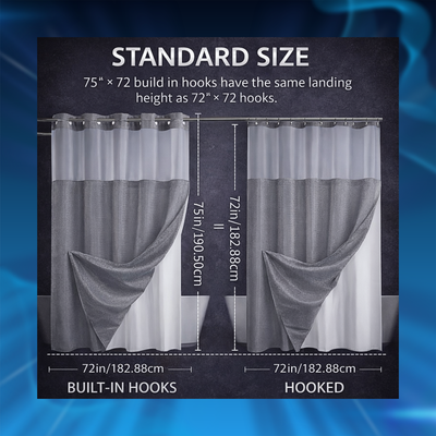 No Hook Shower Curtain with Snap in Liner (72''W x 75''H)
