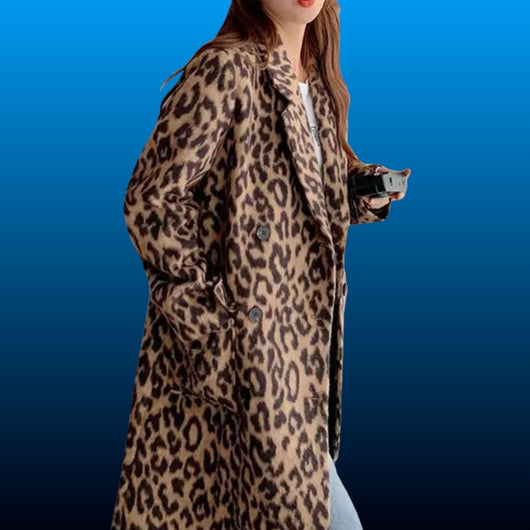 Leopard Print Long Wool Trench Coat