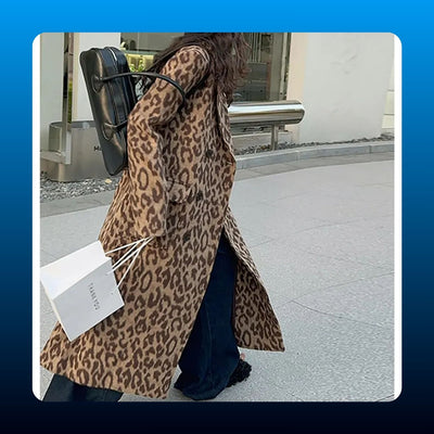 Leopard Print Long Wool Trench Coat