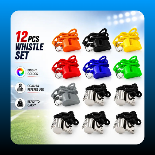 12-Pack Sports Whistles with Black Lanyards