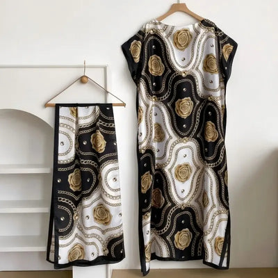 Women's Colorblock Print Long Length Relaxed Fit Scarf-Poncho Set