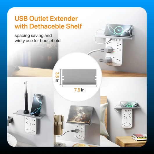 Bathroom Wall Outlet Extender with Shelf & Smart Night Light