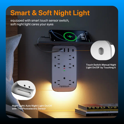 Bathroom Wall Outlet Extender with Shelf & Smart Night Light