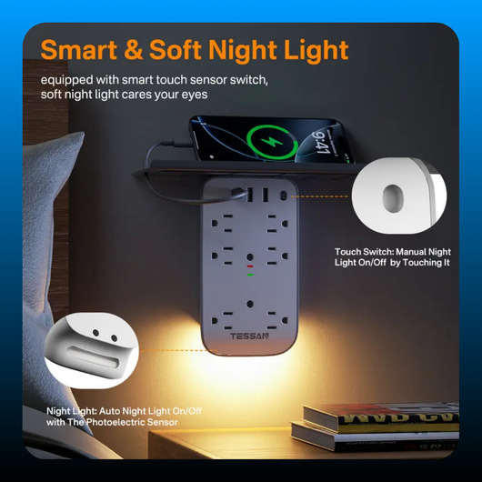 Bathroom Wall Outlet Extender with Shelf & Smart Night Light