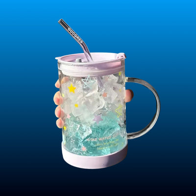 Star Pattern Glass Mug with Straw