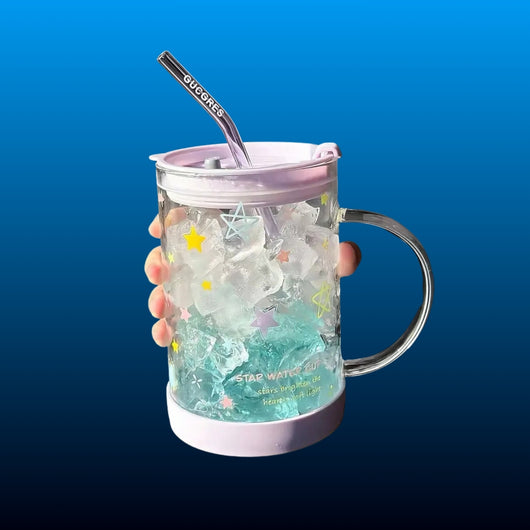 Star Pattern Glass Mug with Straw