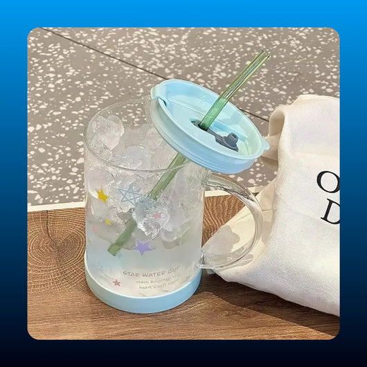 Star Pattern Glass Mug with Straw