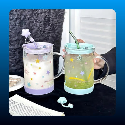Star Pattern Glass Mug with Straw