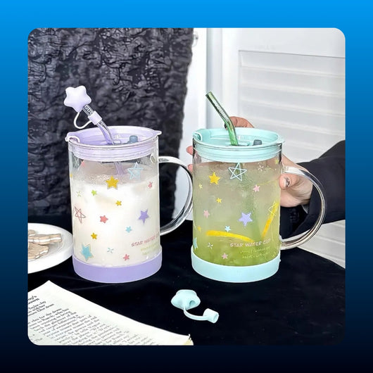 Star Pattern Glass Mug with Straw