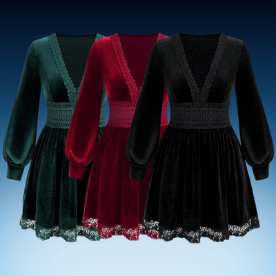 Plus Size Velvet Lace Lantern Sleeve Dress