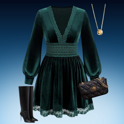 Plus Size Velvet Lace Lantern Sleeve Dress