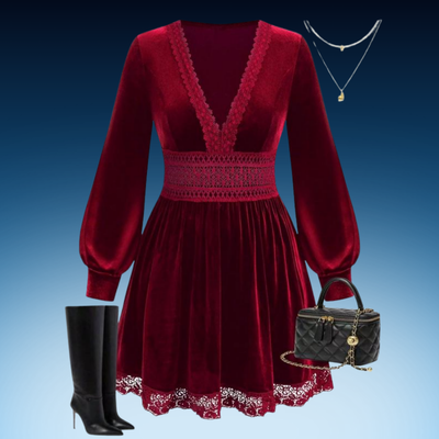 Plus Size Velvet Lace Lantern Sleeve Dress