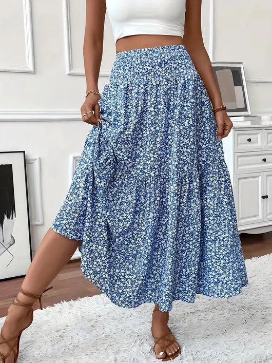 Women's Summer Vacation Style Ruffle Hem Floral Long Skirt