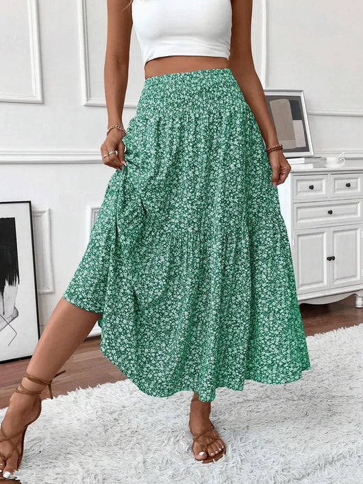 Women's Summer Vacation Style Ruffle Hem Floral Long Skirt