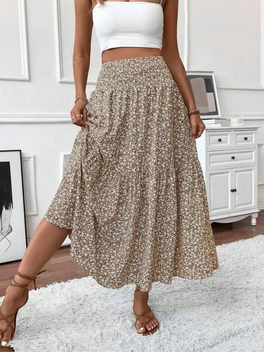 Women's Summer Vacation Style Ruffle Hem Floral Long Skirt